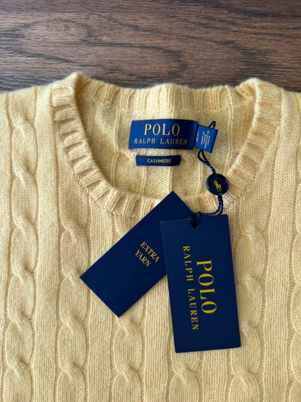 NWT Polo Ralph Lauren Fall Yellow 100% Italian Cashmere Cable Knit Sweater L - Picture 3 of 5